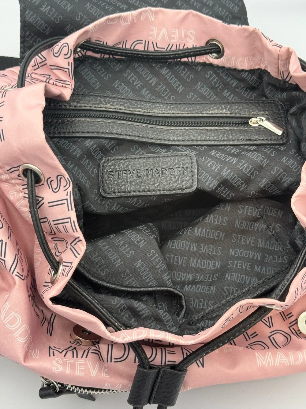 Steve Madden Pink Nylon Mini Backpack All Over Logo Spellout Drawstring Flap